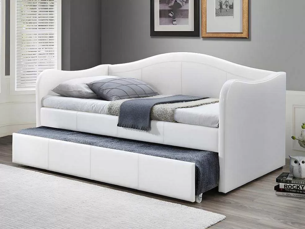 Vente-unique Cama Dupla Diva 2X90X190 Cm Em Pele Sintética Branco + Colchões - Mathilde* Cama Dupla