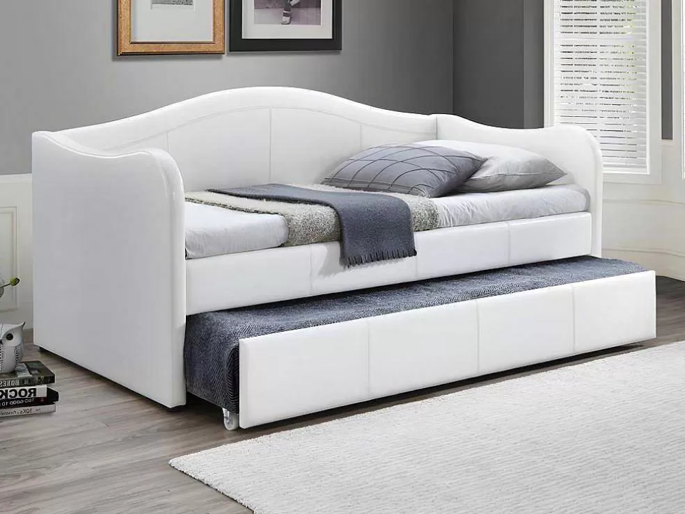 Vente-unique Cama Dupla Diva 2X90X190 Cm Em Pele Sintética Branco - Mathilde* Cama Dupla