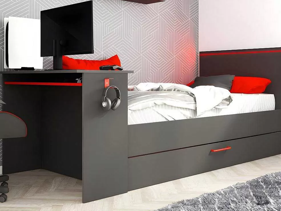 Vente-unique Cama Dupla Gamer 90 X 200 E 90 X 190 Cm Com Secretária E Leds Antracite E Vermelho, Com Colchão E Sommier - Vouani* Cama Dupla