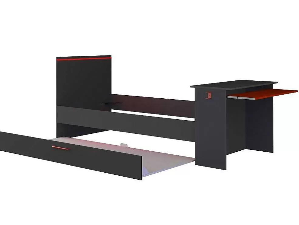 Vente-unique Cama Dupla Gamer 90 X 200 E 90 X 190 Cm Com Secretária E Leds Antracite E Vermelho, Com Colchão E Sommier - Vouani* Cama Dupla