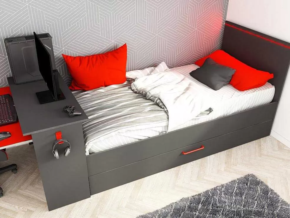 Vente-unique Cama Dupla Gamer 90 X 200 E 90 X 190 Cm Com Secretária E Leds Antracite E Vermelho, Com Colchão E Sommier - Vouani* Cama Dupla