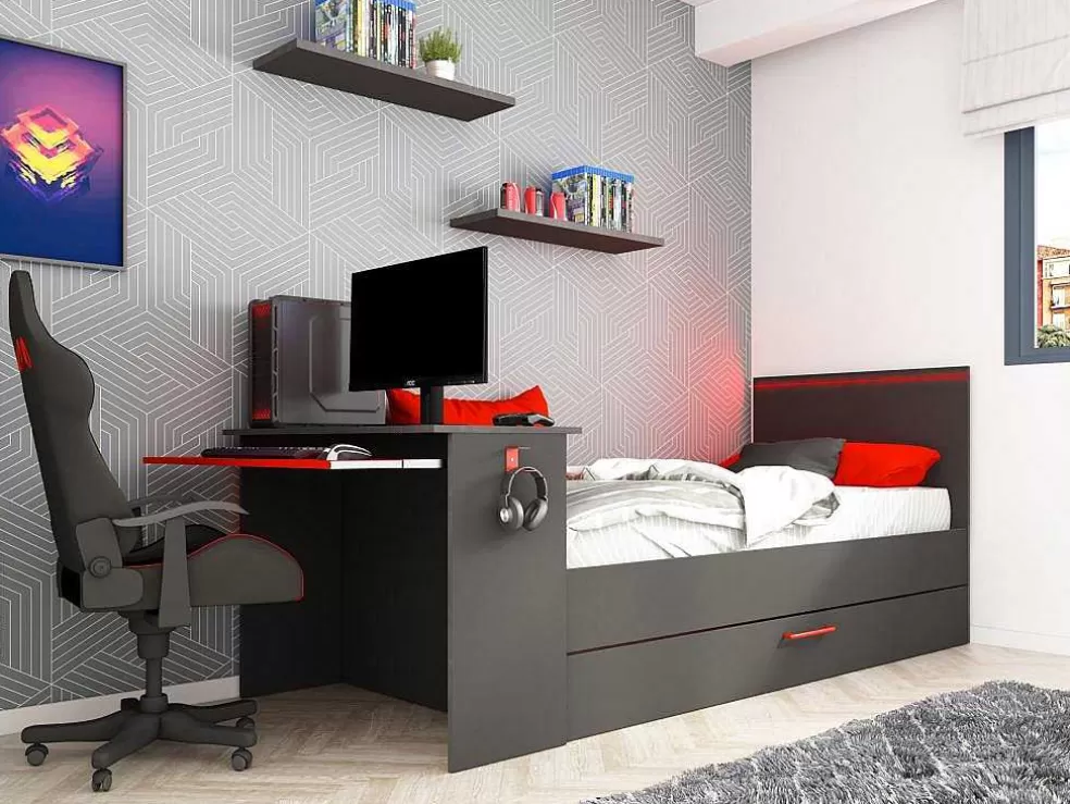Vente-unique Cama Dupla Gamer 90 X 200 E 90 X 190 Cm Com Secretária E Leds Antracite E Vermelho, Com Colchão E Sommier - Vouani* Cama Dupla