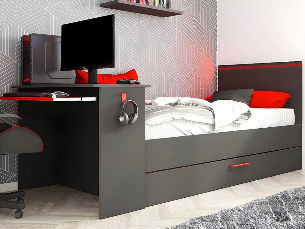 Vente-unique Cama Dupla Gamer 90 X 200 E 90 X 190 Cm Com Secretária E Leds Antracite E Vermelho, Com Colchão E Sommier - Vouani* Cama Dupla