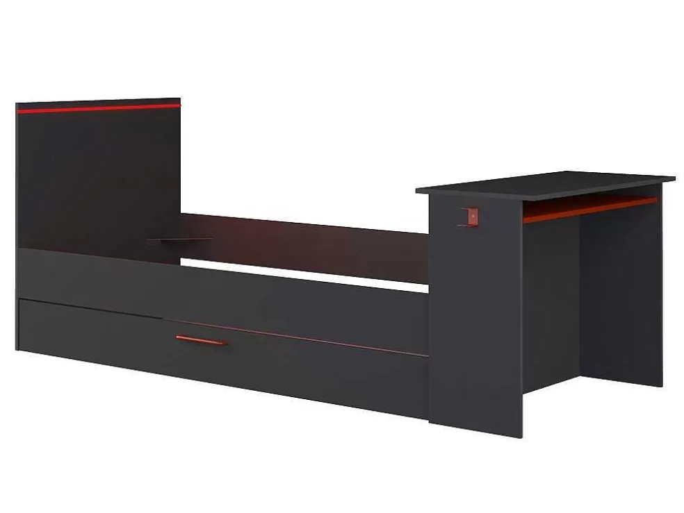 Vente-unique Cama Dupla Gamer 90 X 200 E 90 X 190 Cm Com Secretária E Leds Antracite E Vermelho, Com Colchão E Sommier - Vouani* Cama Dupla