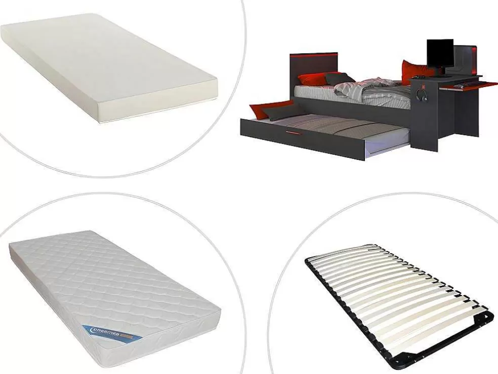 Vente-unique Cama Dupla Gamer 90 X 200 E 90 X 190 Cm Com Secretária E Leds Antracite E Vermelho, Com Colchão E Sommier - Vouani* Cama Dupla