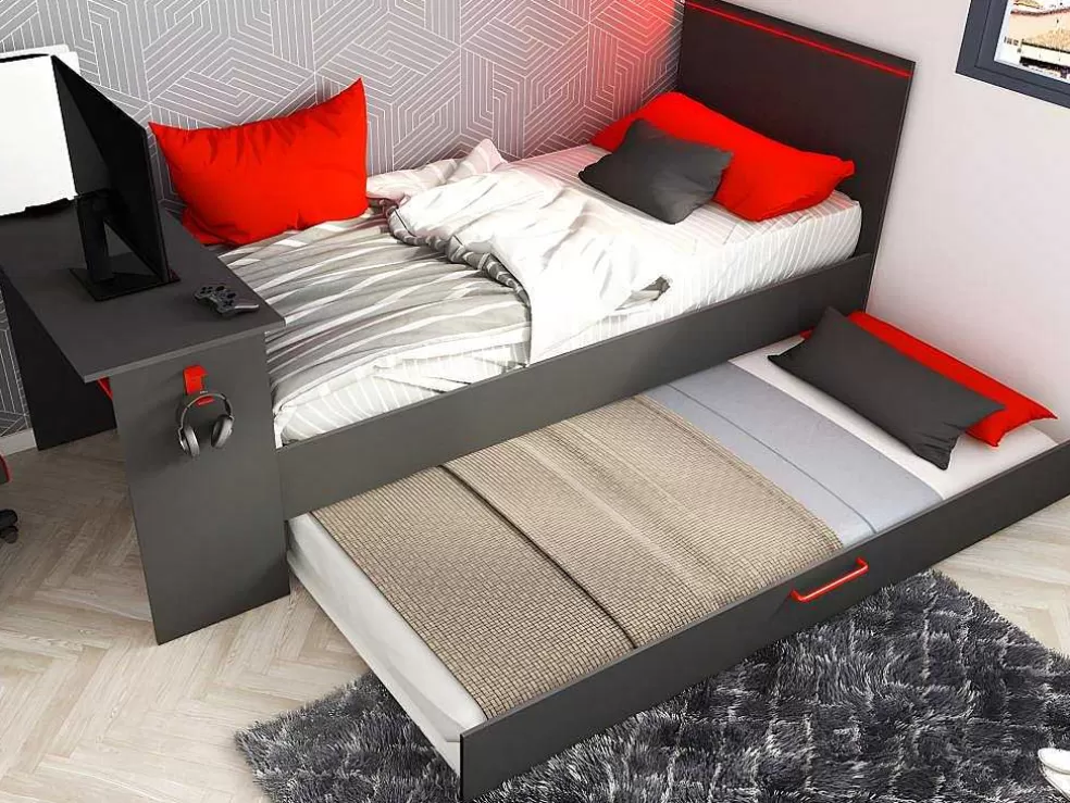Vente-unique Cama Dupla Gamer 90 X 200 E 90 X 190 Cm Com Secretária E Leds Antracite E Vermelho, Com Colchão E Sommier - Vouani* Cama Dupla