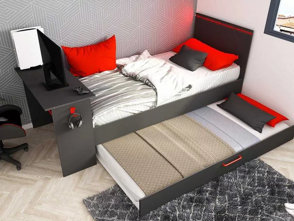 Vente-unique Cama Dupla Gamer 2 X 90 X 200 Cm Com Secretária E Leds Antracite E Vermelho - Vouani* Cama Dupla