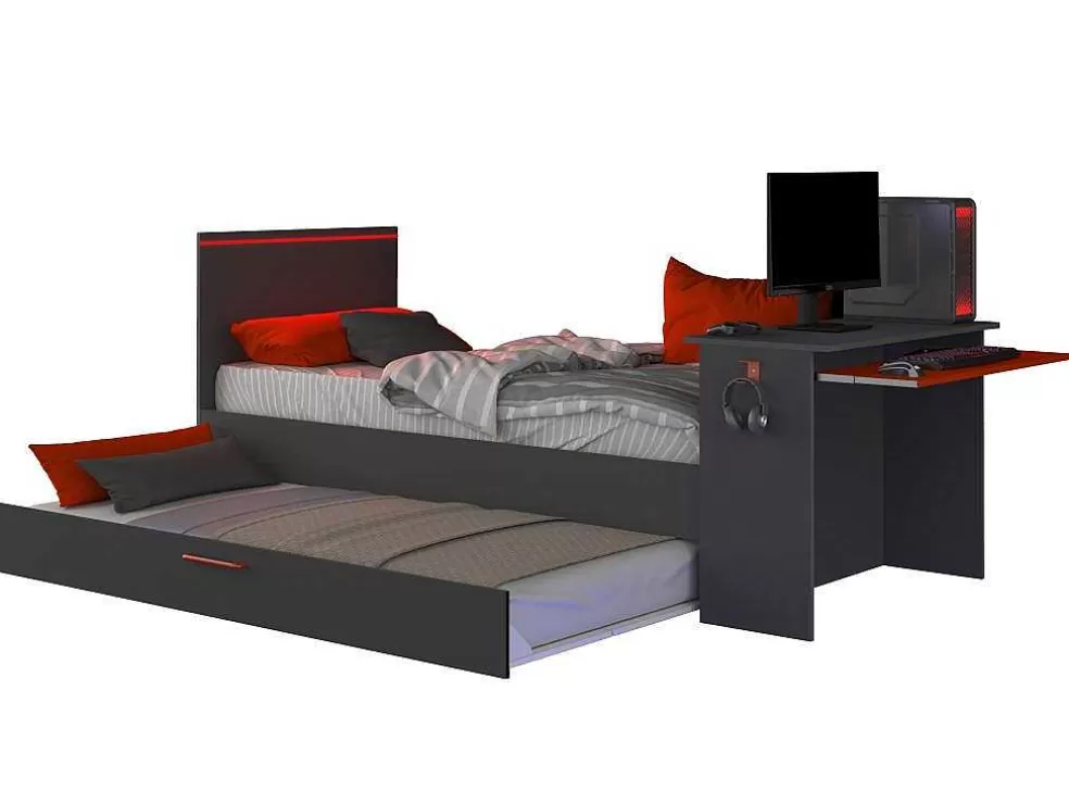 Vente-unique Cama Dupla Gamer 2 X 90 X 200 Cm Com Secretária E Leds Antracite E Vermelho - Vouani* Cama Dupla