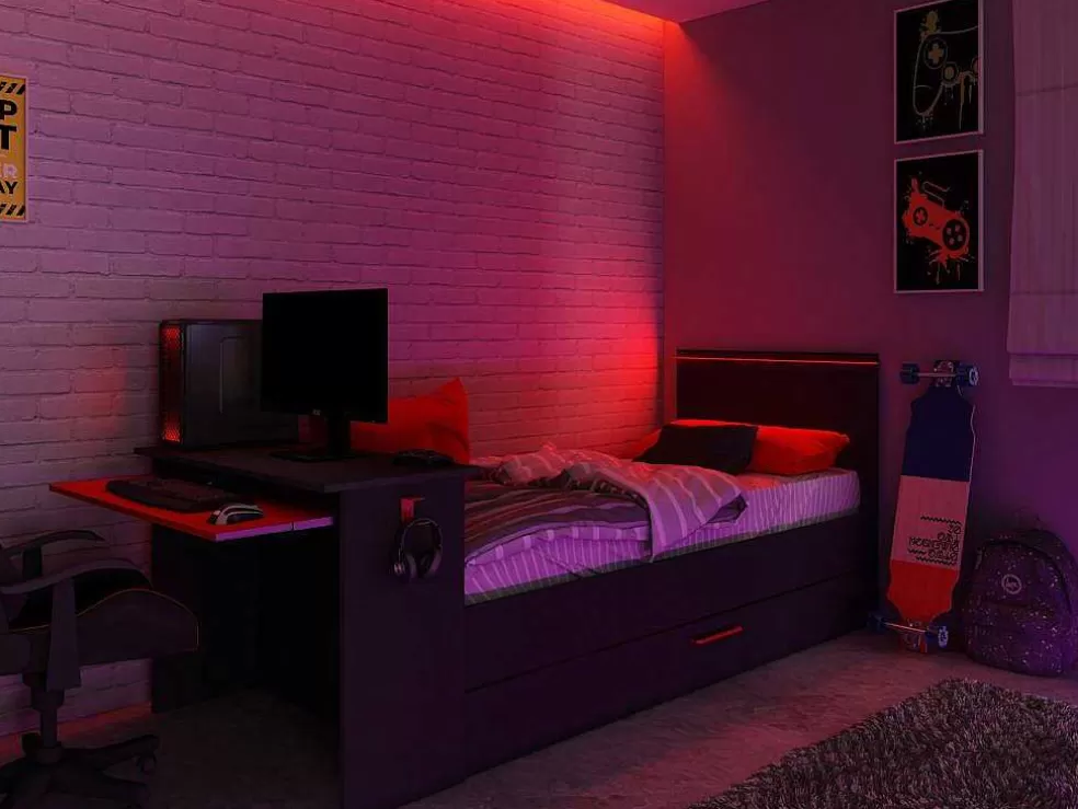 Vente-unique Cama Dupla Gamer 2 X 90 X 200 Com Secretária E Leds, Antracite E Vermelho + Sommier - Vouani* Cama Dupla