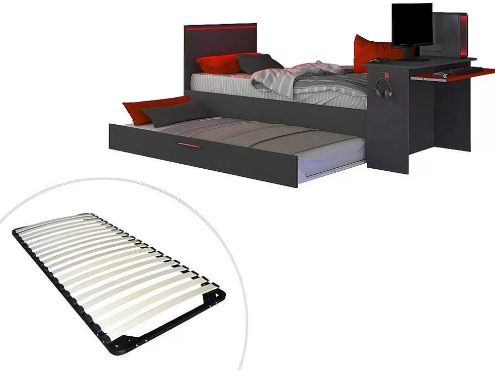 Vente-unique Cama Dupla Gamer 2 X 90 X 200 Com Secretária E Leds, Antracite E Vermelho + Sommier - Vouani* Cama Dupla