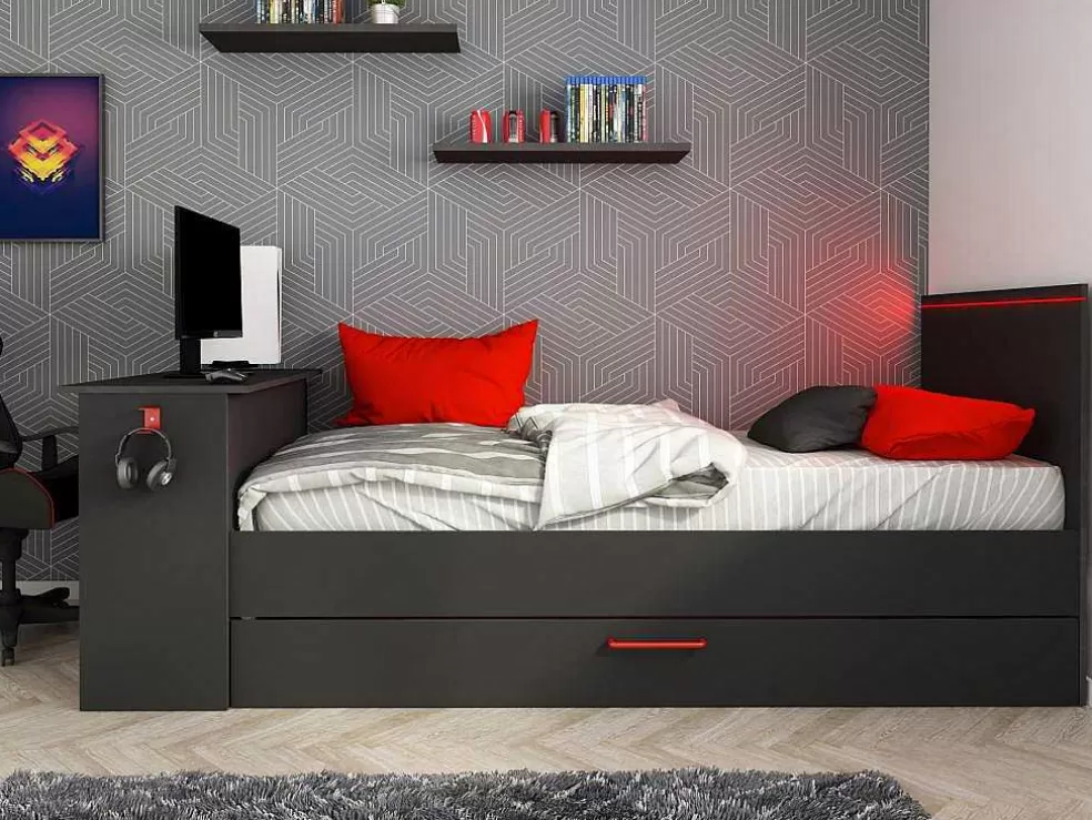 Vente-unique Cama Dupla Gamer 2 X 90 X 200 Com Secretária E Leds, Antracite E Vermelho + Sommier - Vouani* Cama Dupla