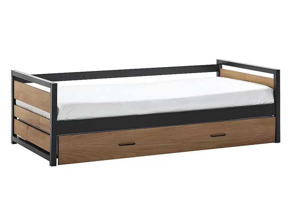 Vente-unique Cama Dupla Industrial 2X90X190 Cm Mdf, Pinho E Metal Castanho Noz E Antracite - Boston* Cama De Criança