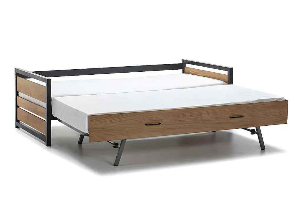 Vente-unique Cama Dupla Industrial 2X90X190 Cm Mdf, Pinho E Metal Castanho Noz E Antracite + Colchão - Boston* Cama Dupla