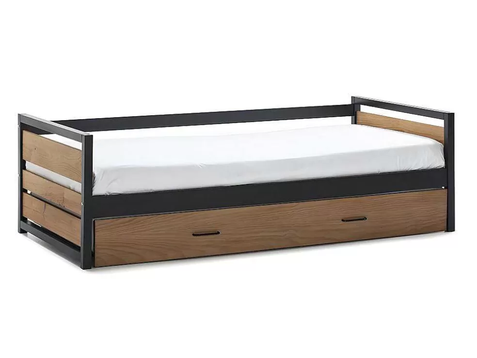 Vente-unique Cama Dupla Industrial 2X90X190 Cm Mdf, Pinho E Metal Castanho Noz E Antracite + Colchão - Boston* Cama Dupla