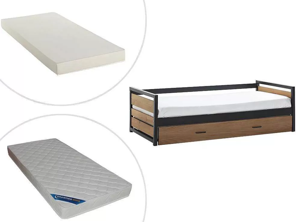 Vente-unique Cama Dupla Industrial 2X90X190 Cm Mdf, Pinho E Metal Castanho Noz E Antracite + Colchão - Boston* Cama Dupla