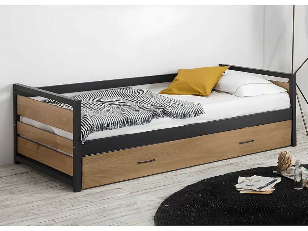 Vente-unique Cama Dupla Industrial 2X90X190 Cm Mdf, Pinho E Metal Castanho Noz E Antracite + Colchão - Boston* Cama Dupla
