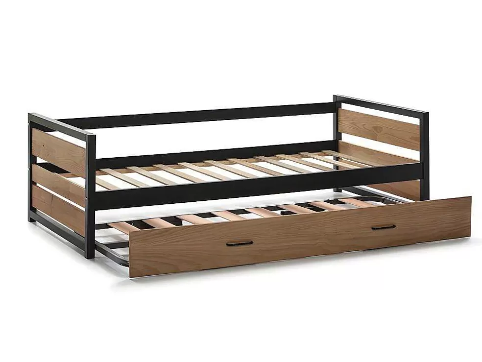 Vente-unique Cama Dupla Industrial 2X90X190 Cm Mdf, Pinho E Metal Castanho Noz E Antracite + Colchão - Boston* Cama Dupla