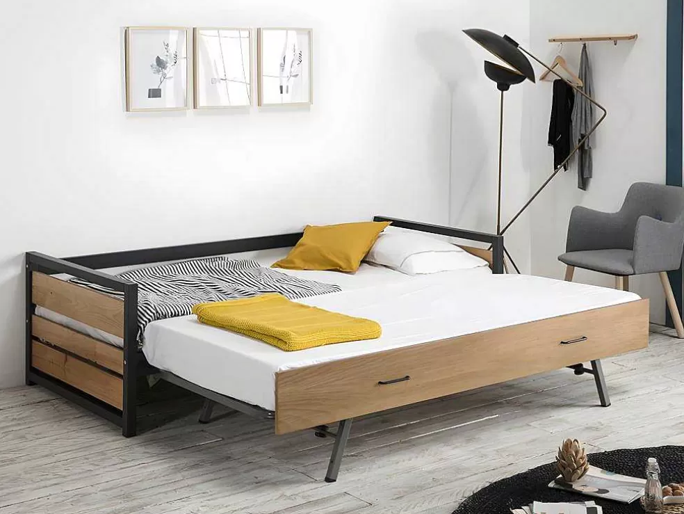 Vente-unique Cama Dupla Industrial 2X90X190 Cm Mdf, Pinho E Metal Castanho Noz E Antracite + Colchão - Boston* Cama Dupla