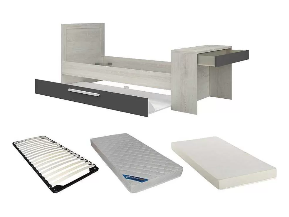 Vente-unique Cama Dupla 90X200 E 90X190 Cm, Com Secretária Cor Natural E Antracite + Colchão + Sommier - Vouani* Cama Dupla