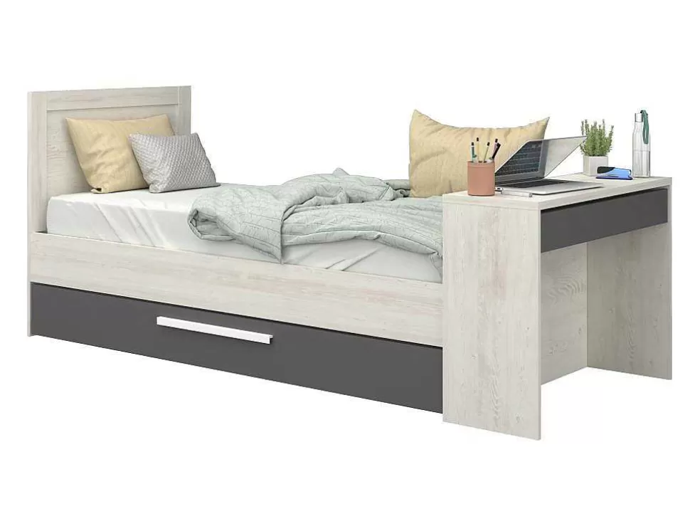 Vente-unique Cama Dupla 90X200 E 90X190 Cm, Com Secretária Cor Natural E Antracite + Colchão + Sommier - Vouani* Cama Dupla