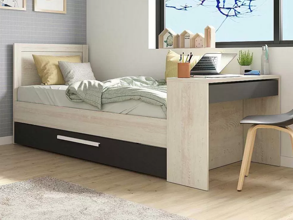 Vente-unique Cama Dupla 2X90X200 Cm, Com Secretária Cor Natural E Antracite + Sommier - Vouani* Cama Dupla