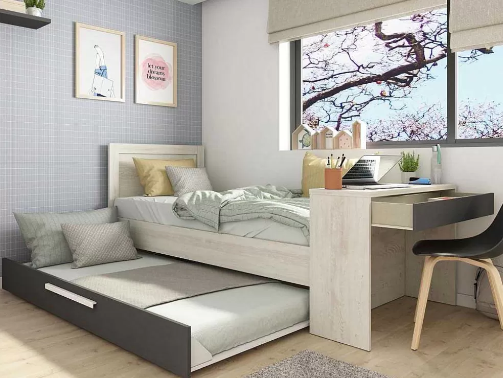 Vente-unique Cama Dupla 2X90X200 Cm, Com Secretária Cor Natural E Antracite - Vouani* Cama Dupla