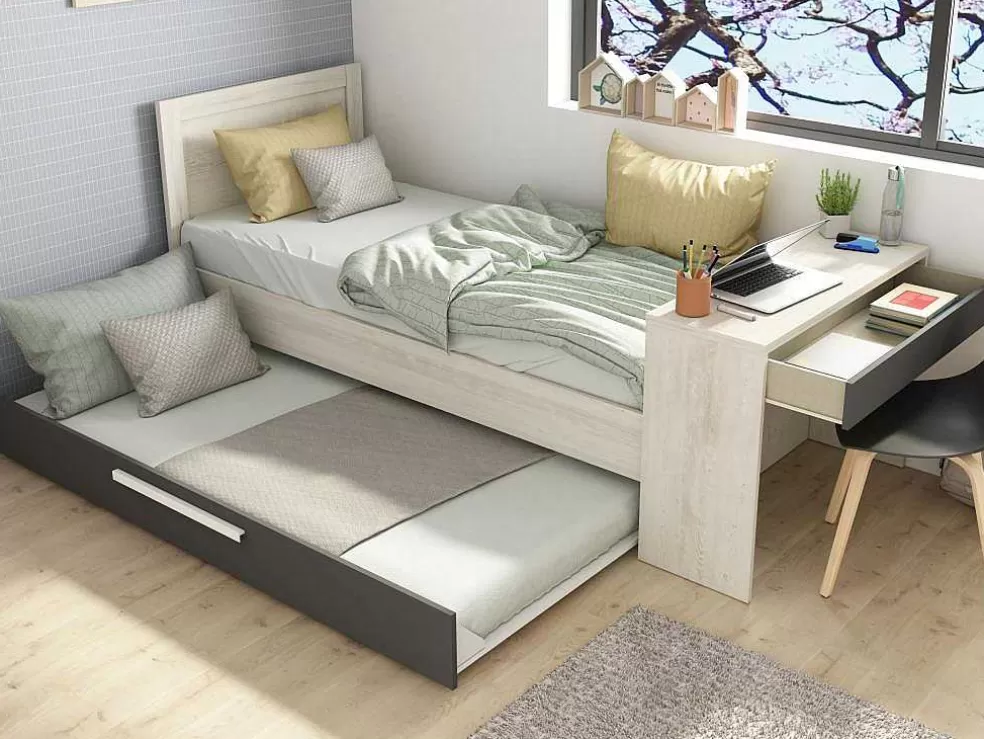 Vente-unique Cama Dupla 2X90X200 Cm, Com Secretária Cor Natural E Antracite - Vouani* Cama Dupla