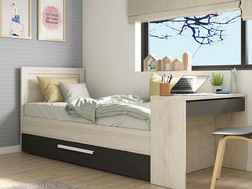 Vente-unique Cama Dupla 2X90X200 Cm, Com Secretária Cor Natural E Antracite - Vouani* Cama Dupla