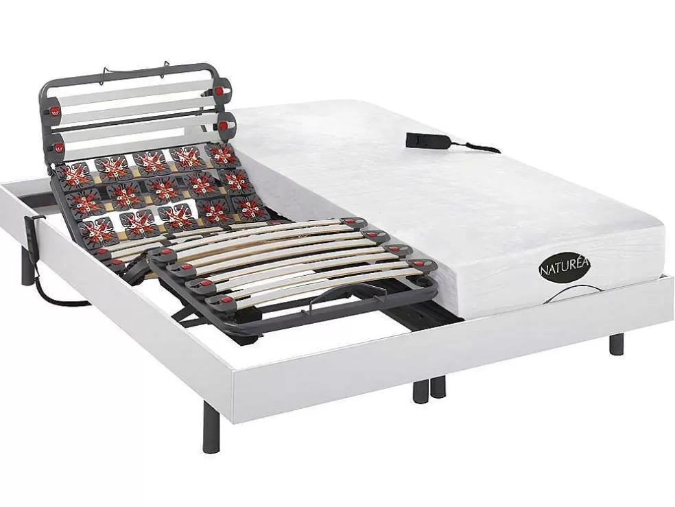 NATUREA Cama Elétrica Articulada Estrado De Ripas, Terminais Eletricos Colchão Memória De Forma E Bambu Damysos - Motores Okin - 2X80X200 Cm - Branco* Cama Articulada