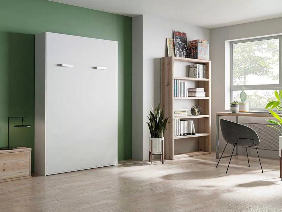 Vente-unique Cama Embutida De 140 X 200 Cm Abertura Vertical Manual Branco + Colchão - Malina Ii* Cama Rebatível