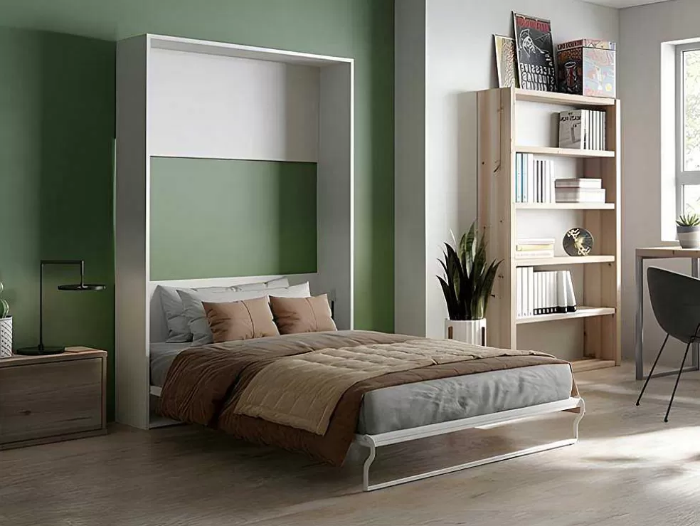 Vente-unique Cama Embutida De 140 X 200 Cm Abertura Vertical Manual Branco + Colchão - Malina Ii* Cama Rebatível