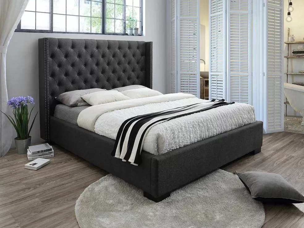 Vente-unique Cama Massimo Cabeceira De Cama Em Capitone - 160X200Cm - Tecido Cinza* Cama De Adulto