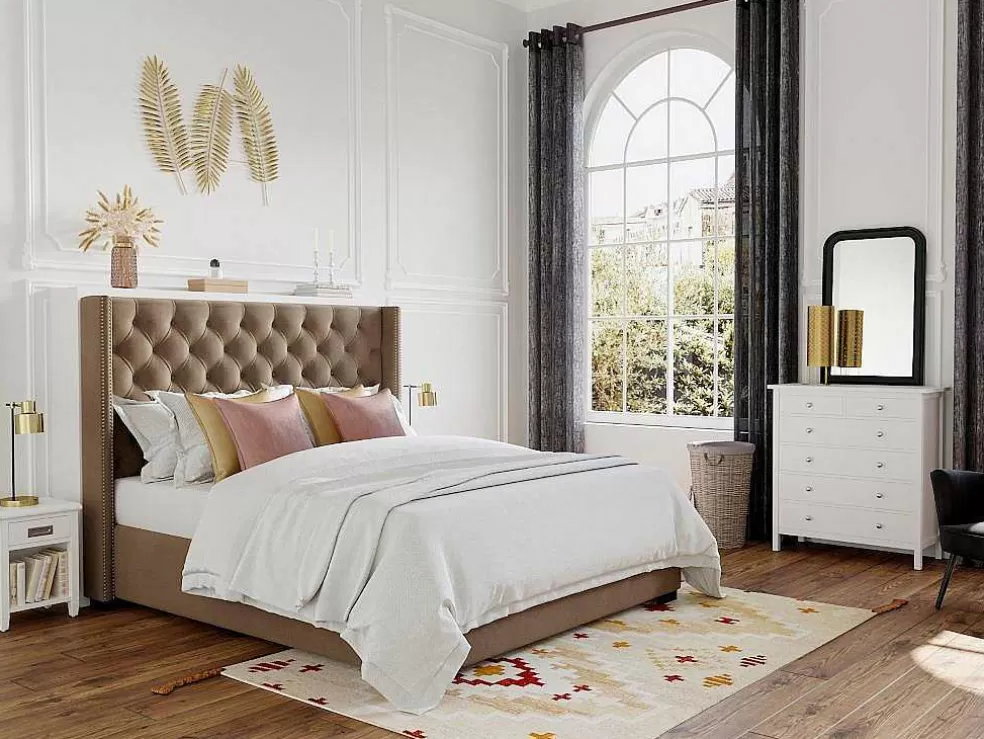 Vente-unique Cama Massimo Cabeceira De Cama Em Capitone- 160X200Cm- Tecido Bege* Cama De Adulto