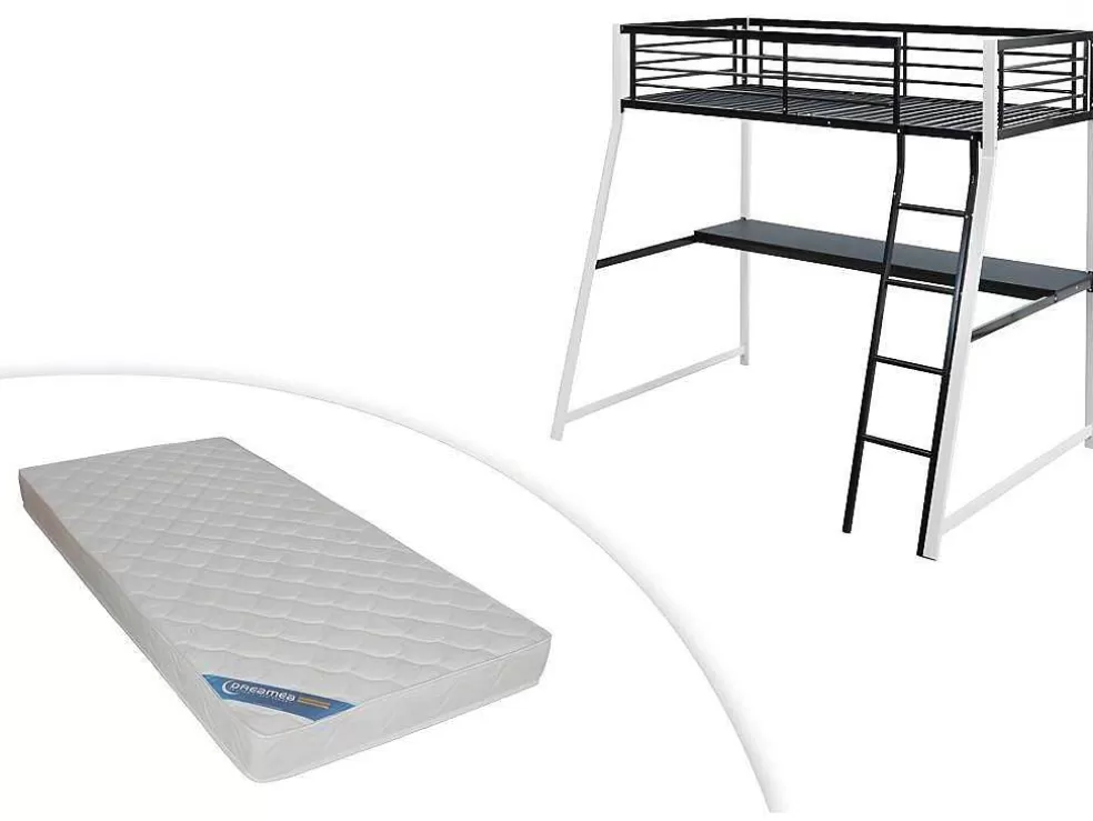 Vente-unique Cama Mezzanine Com Secretária De Canto Integrada 90X190 Cm Preta E Branca Malicia + Colchão 90X190 Cm Zeus* Cama Alta