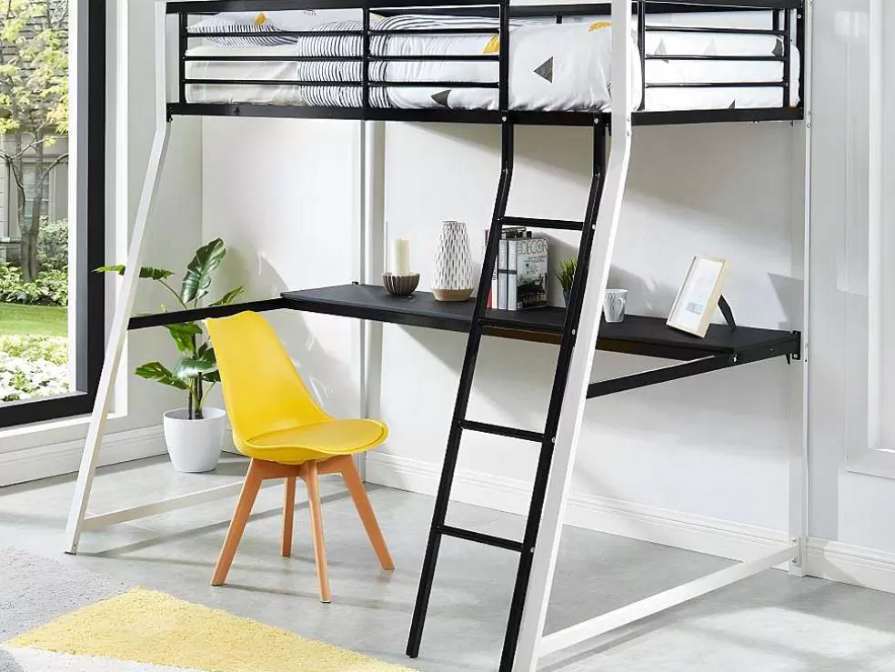 Vente-unique Cama Mezzanine Com Secretária De Canto Integrada 90X190 Cm Preta E Branca Malicia + Colchão 90X190 Cm Zeus* Cama Alta