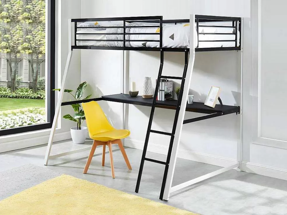 Vente-unique Cama Mezzanine Com Secretária Integrada 90X190 Cm Preto E Branco - Malicia* Cama Alta