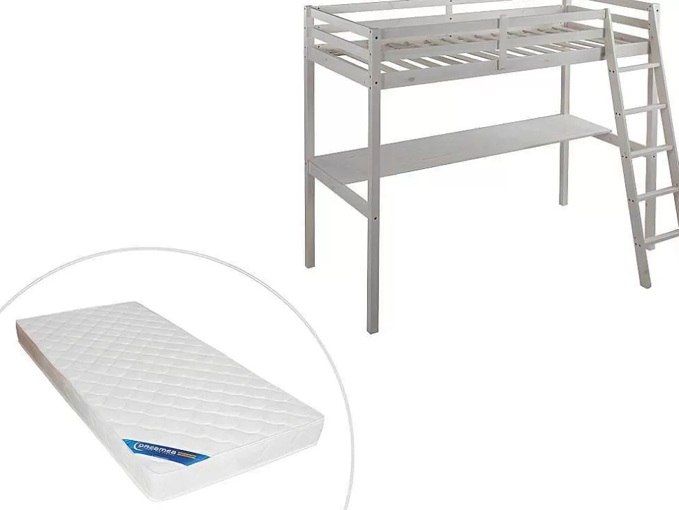 Vente-unique Cama Mezzanine Com Secretária 90X190 Cm Em Pinho Macico Esbranquicado + Colchão - Gedeon* Cama Alta