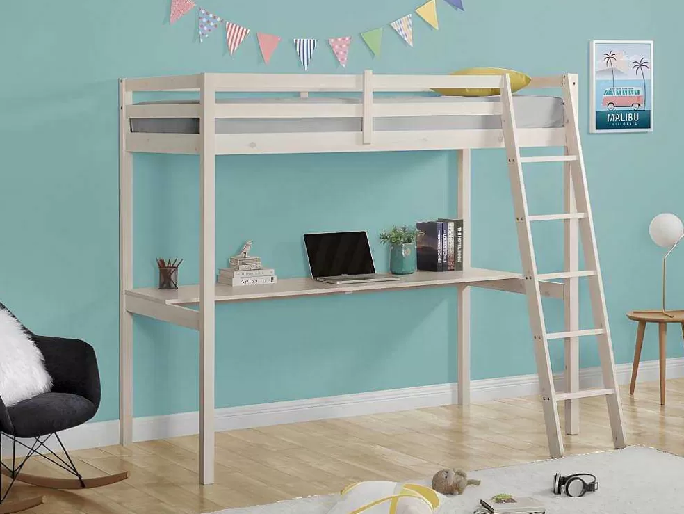 Vente-unique Cama Mezzanine Com Secretária 90X190 Cm Em Pinho Macico Esbranquicado + Colchão - Gedeon* Cama Alta