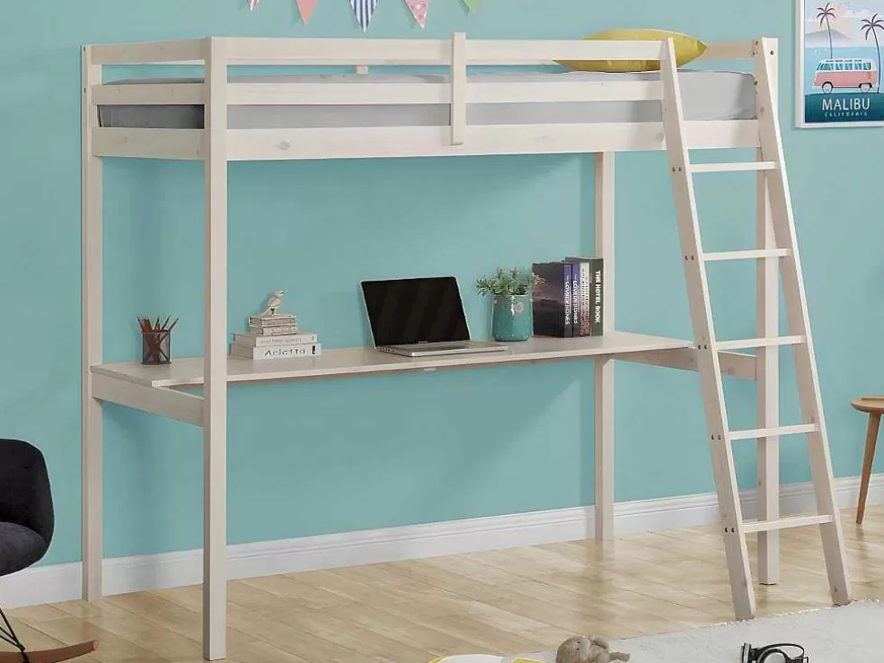 Vente-unique Cama Mezzanine Com Secretária 90X190 Cm Em Pinho Macico Esbranquicado - Gedeon* Cama Alta