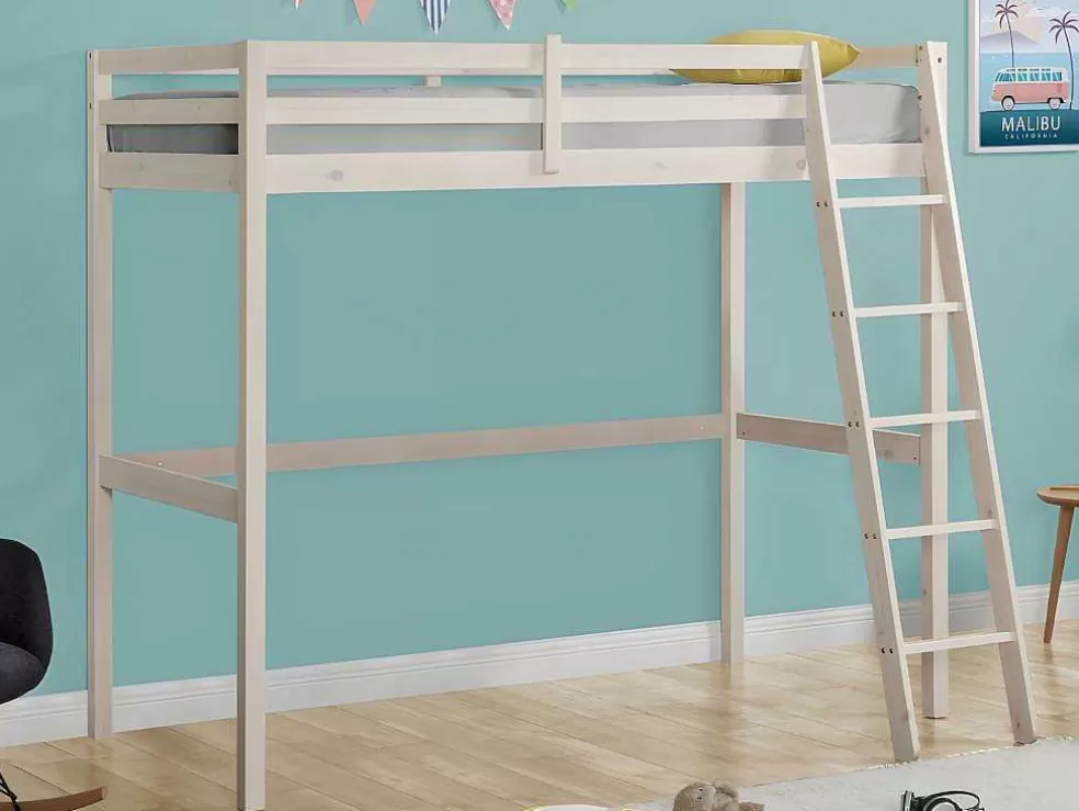 Vente-unique Cama Mezzanine 90X190 Cm Em Pinho Macico Esbranquicado + Colchão - Gedeon* Cama Alta