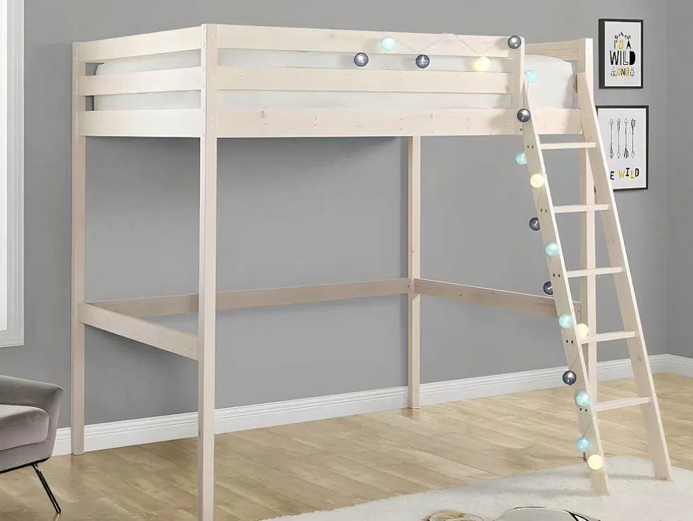Vente-unique Cama Mezzanine 140X190 Cm Em Pinho Macico Esbranquicado + Colchão - Gedeon* Cama Alta