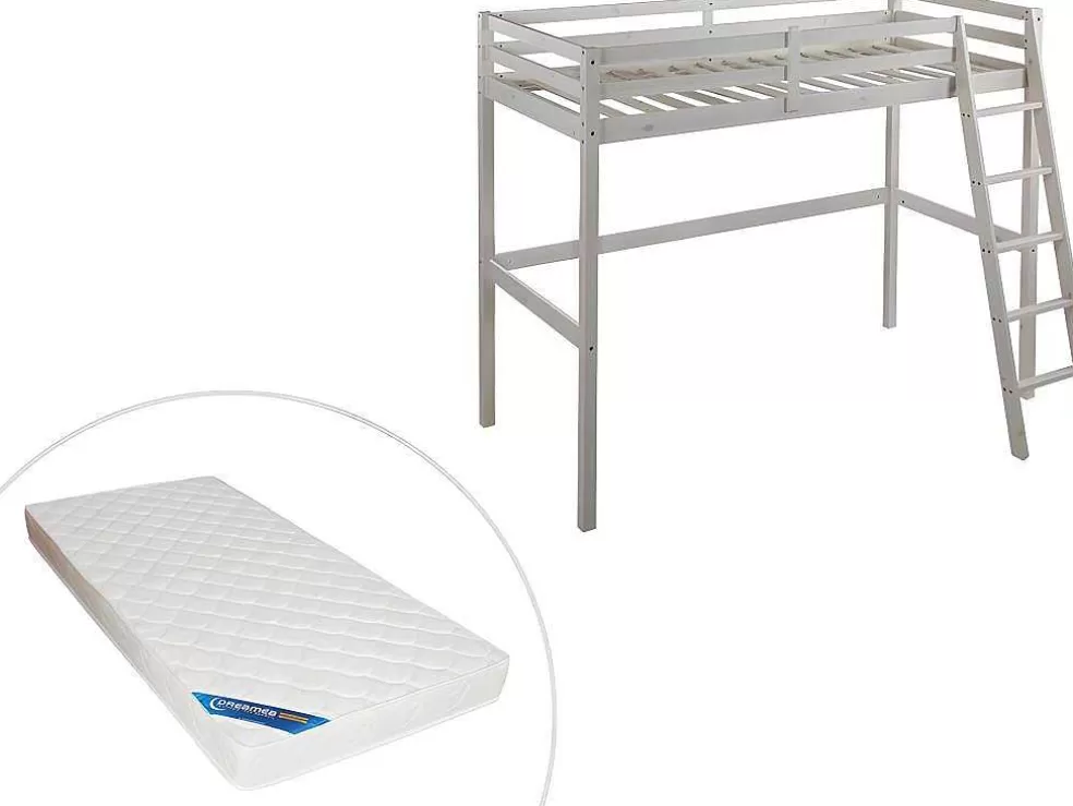 Vente-unique Cama Mezzanine 90X190 Cm Em Pinho Macico Esbranquicado + Colchão - Gedeon* Cama Alta