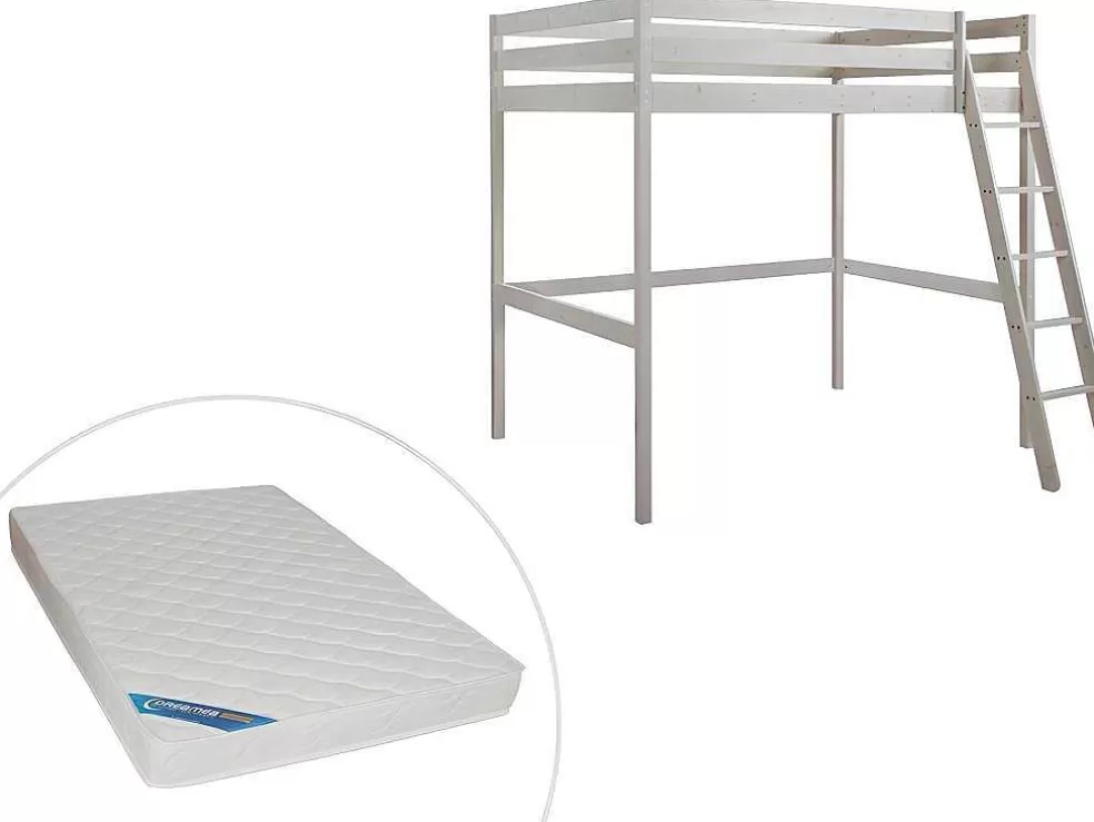 Vente-unique Cama Mezzanine 140X190 Cm Em Pinho Macico Esbranquicado + Colchão - Gedeon* Cama Alta