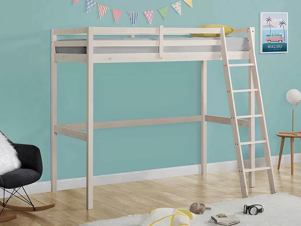 Vente-unique Cama Mezzanine 90X190 Cm Em Pinho Macico Esbranquicado + Colchão - Gedeon* Cama Alta