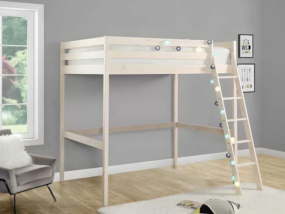Vente-unique Cama Mezzanine 140X190 Cm Em Pinho Macico Esbranquicado + Colchão - Gedeon* Cama Alta