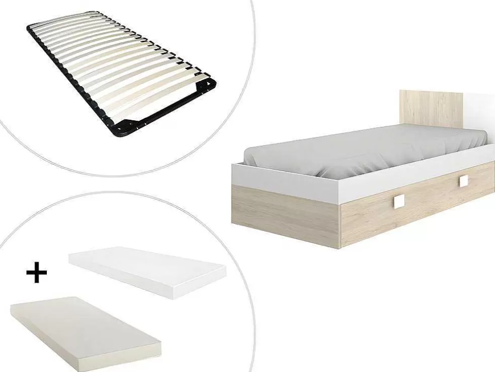 Vente-unique Cama Para Crianças 2X90X190 Cm Em Natural E Branco + Sommier + Colchões - Sonia* Cama Dupla