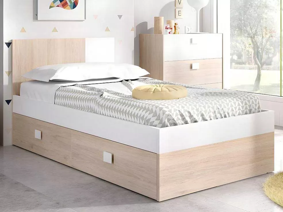 Vente-unique Cama Para Crianças 2X90X190 Cm Em Natural E Branco + Sommier + Colchões - Sonia* Cama Dupla