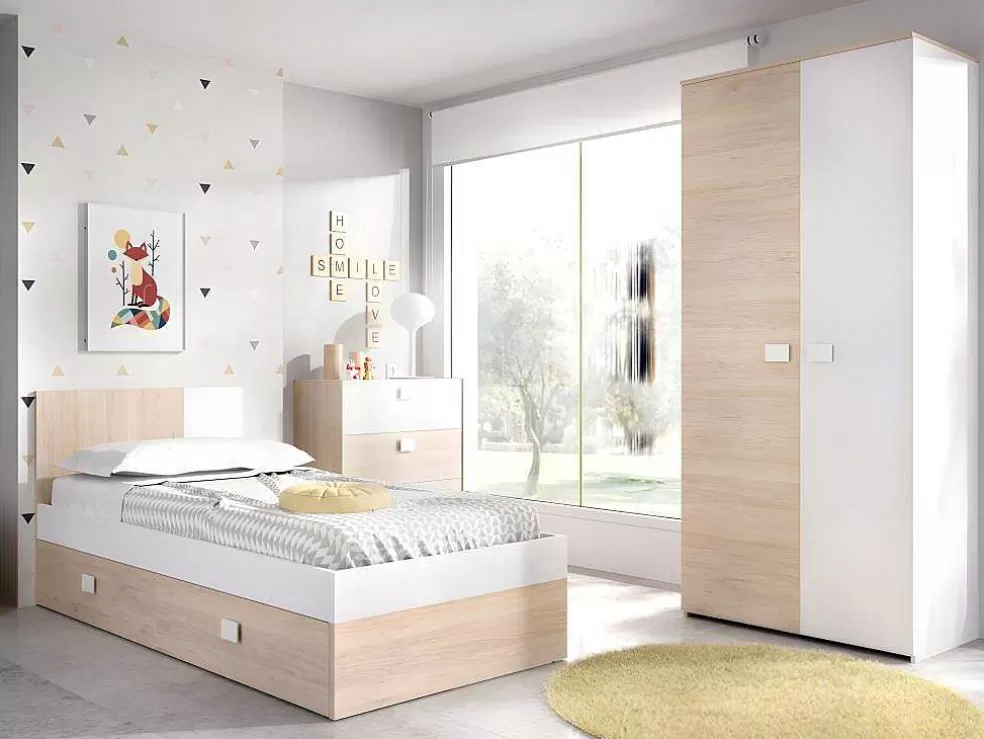 Vente-unique Cama Para Crianças 2X90X190 Cm Em Natural E Branco + Sommier + Colchões - Sonia* Cama Dupla