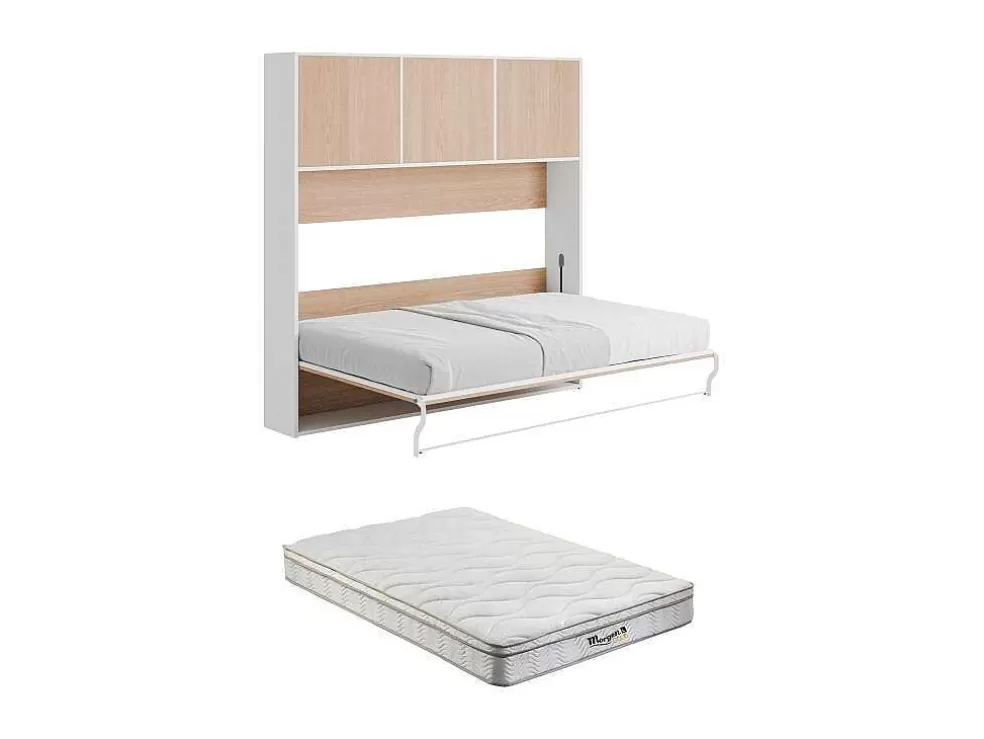 Vente-unique Cama Rebatível 140 X 200 Cm Abertura Horizontal Manual, Com Arrumação, Cor Natural E Branco + Colchão - Elianor Ii* Cama Rebatível