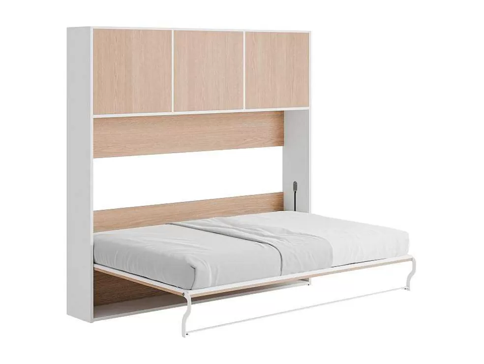 Vente-unique Cama Rebatível 140 X 200 Cm Abertura Horizontal Manual, Com Arrumação, Cor Natural E Branco + Colchão - Elianor Ii* Cama Rebatível
